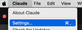 The Claude menu bar with Settings highlighted