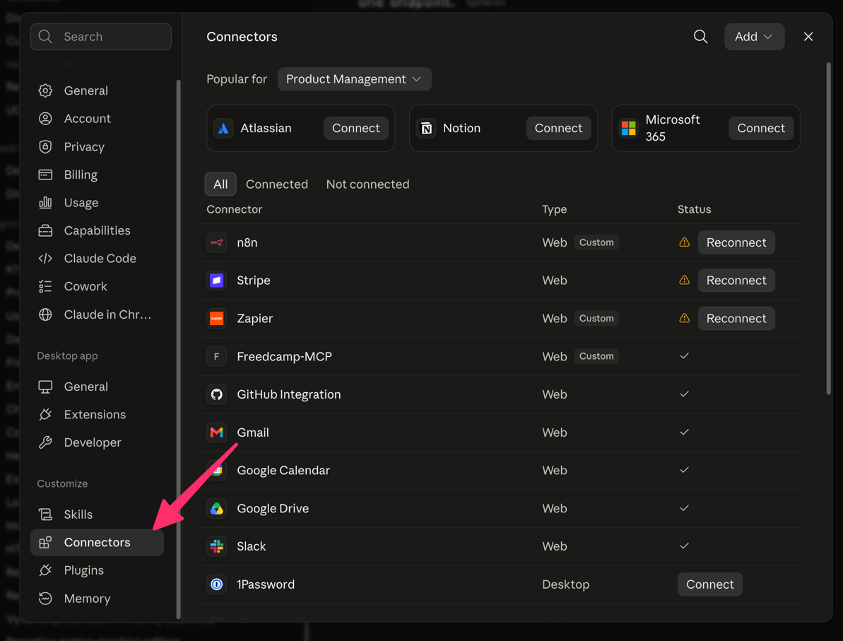 The Claude settings window with Connectors selected in the sidebar