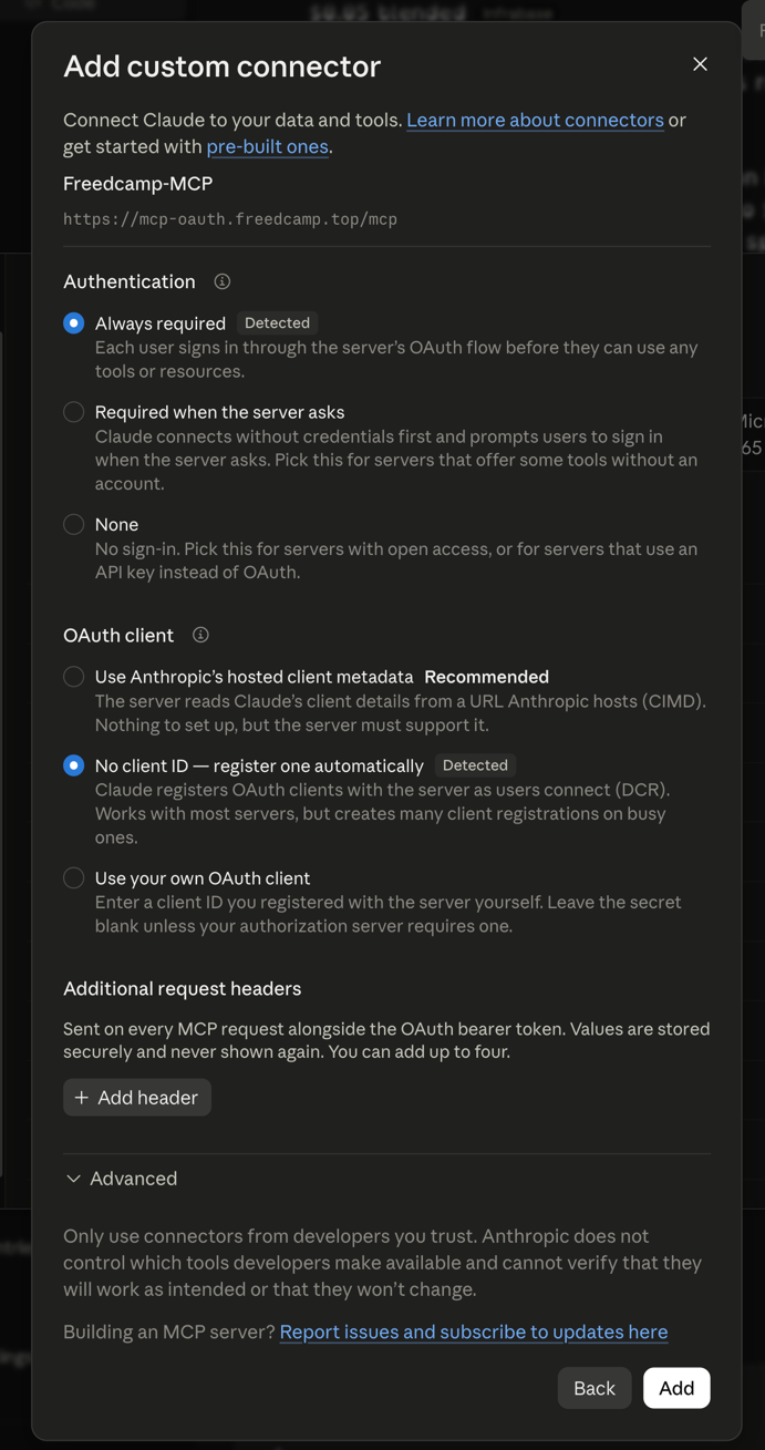 The second page of the dialog showing detected authentication and OAuth client settings