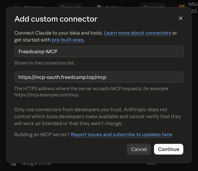 The Add custom connector dialog filled in with Freedcamp-MCP and the endpoint URL