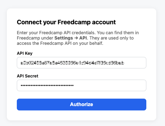 The Freedcamp authorization page asking for an API key and secret